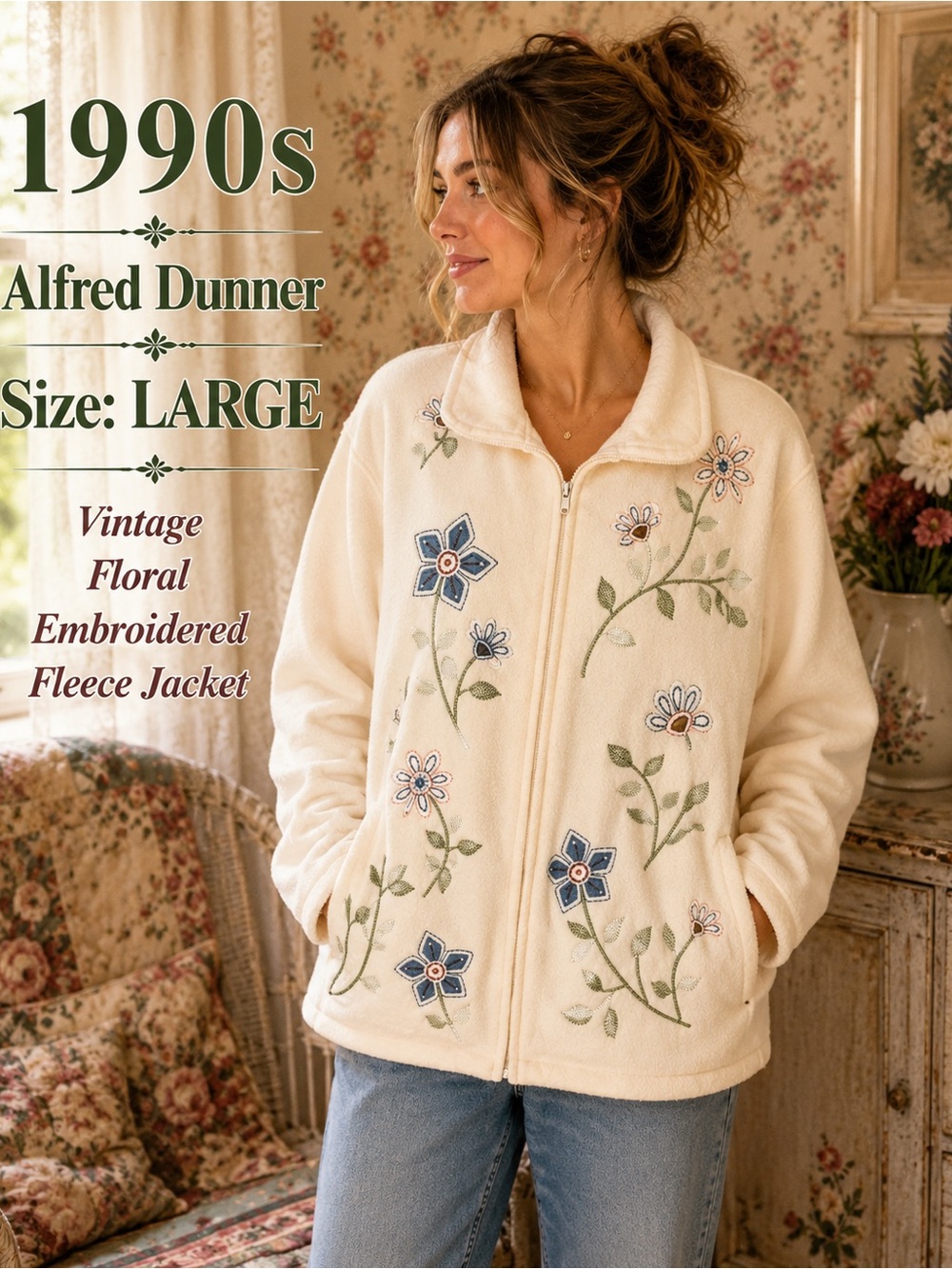 Vintage 90s Alfred Dunner Floral Embroidered Fleece Jacket Large Ivory